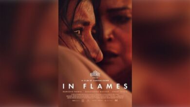 in flames