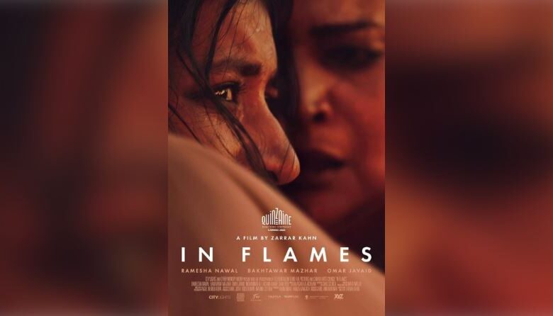 in flames