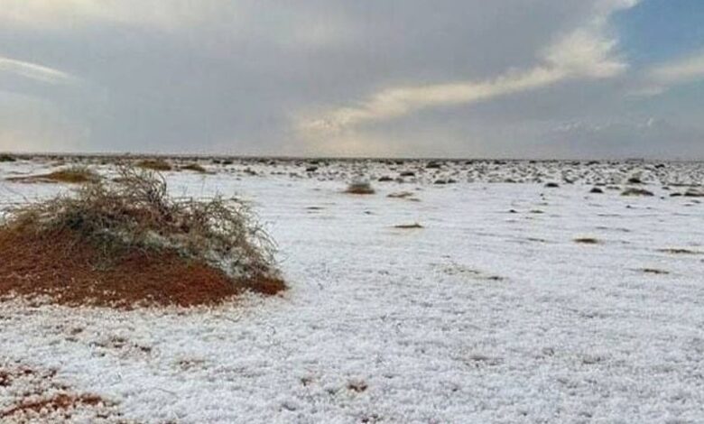 The desert of Saudi Arabia is covered with snow